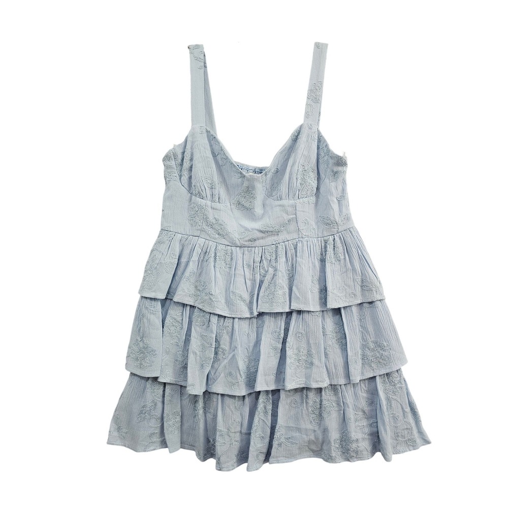 Altar'd State Tiered Mini Dress M Blue Embroidered‎ Floral Boho Ruffle Babydoll